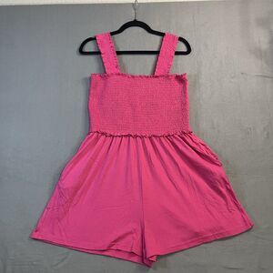 Hot Pink Smocked Tank Shorts Romper Pockets Juniors Size L Beachy